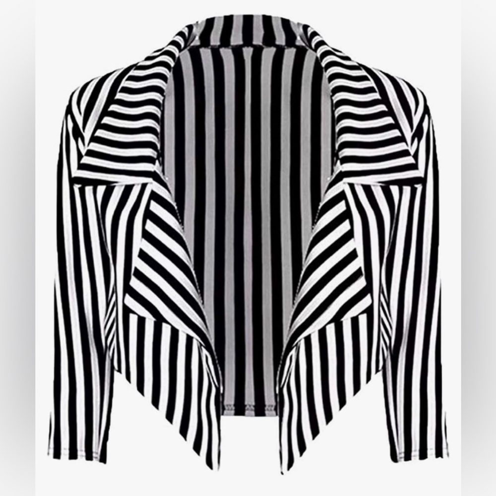 ¾ Sleeves Open Front Stripes Cropped Waterfall Crop Blazer Jacket